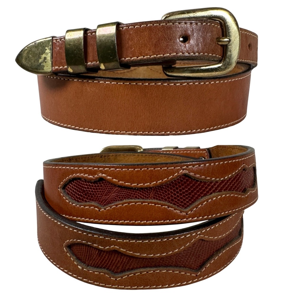 Leegin Vintage Brown Leather Western Belt 32 Brass Buckle Lizard Inlay 1113